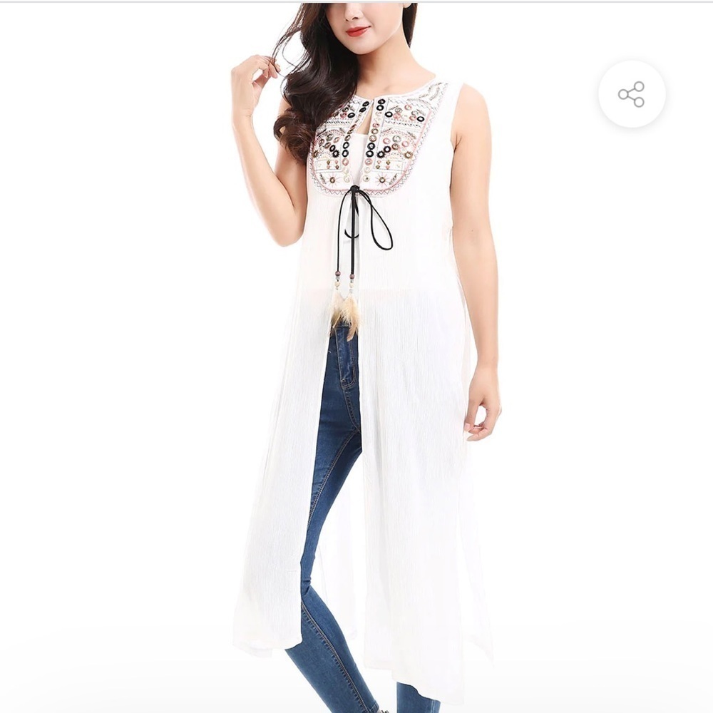 NWT Duster OSFM Mad Style White Rayon Sleeveless Embroidered Tassels Feathers